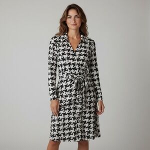 INC Women's V-Neck Faux-Wrap Houndstooth Black &‎ White Dress Petite Medium